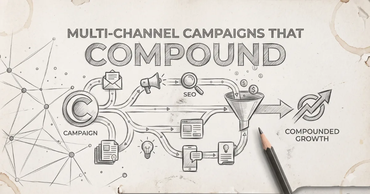 Hand-drawn infographic showing multi-channel marketing — email, ads, SEO, content, and social — flowing through a funnel into compounded growth